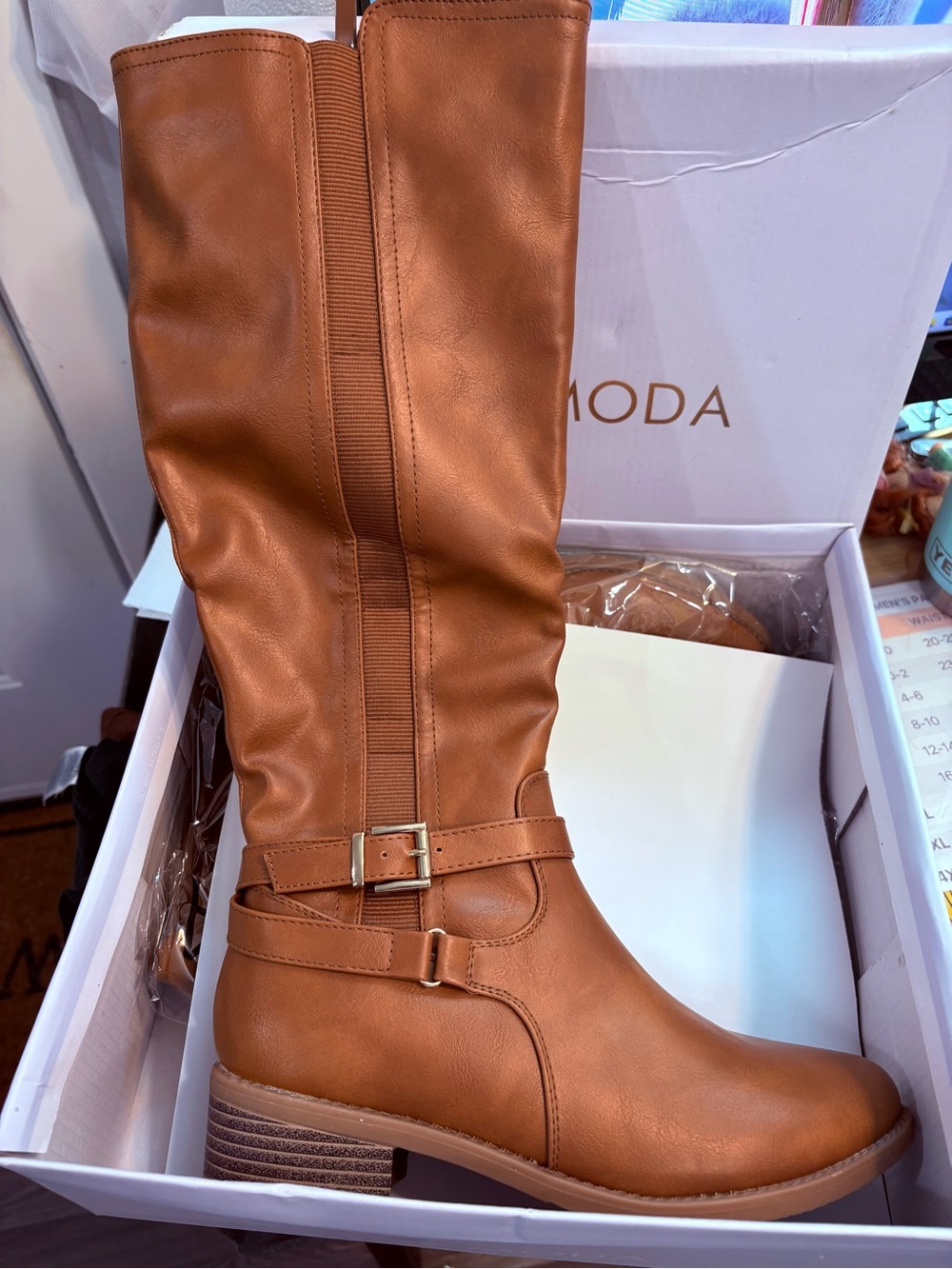 TOP Moda Tan Over-the-Knee Faux Leather Buckle Boots